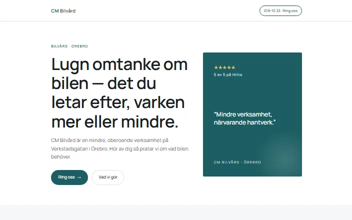 Skärmdump av CM Bilvårds hemsida