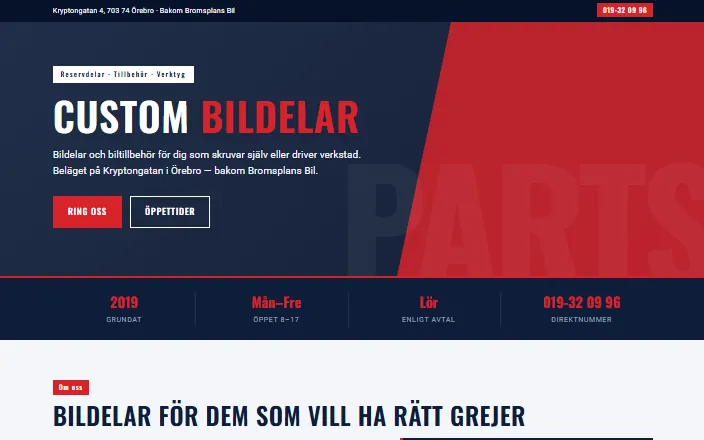 Skärmdump av Custom Bildelars hemsida