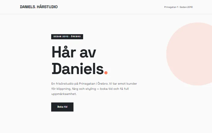 Skärmdump av Daniels Hårstudios hemsida