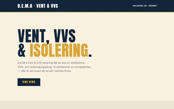 Skärmdump av D.E.M.A Vent & VVS Isolering ABs hemsida