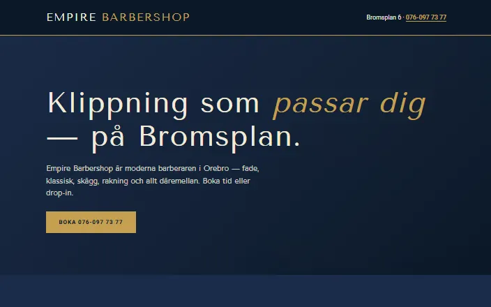 Skärmdump av Empire Barbershops hemsida