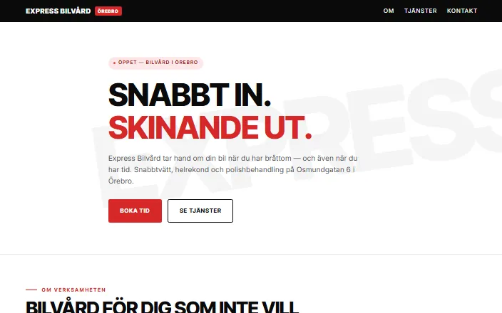 Skärmdump av Express Bilvård i Örebros hemsida