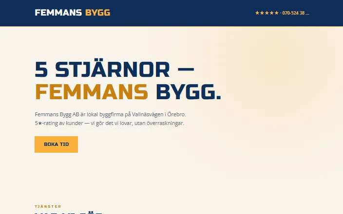 Skärmdump av Femmans Bygg ABs hemsida
