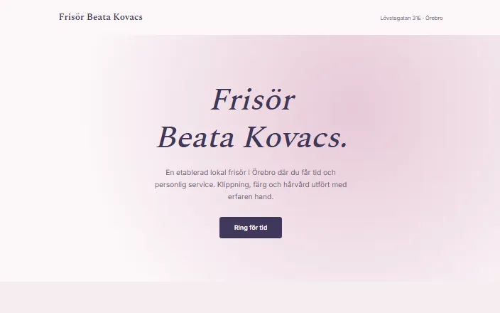 Skärmdump av Frisör Beata Kovacss hemsida