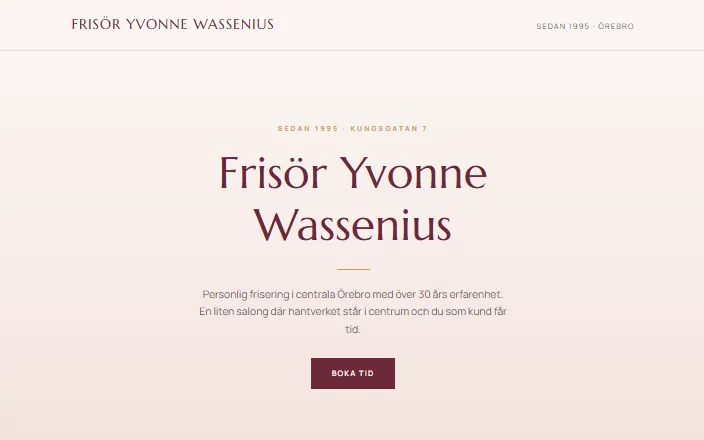 Skärmdump av Frisör Yvonne Wasseniuss hemsida