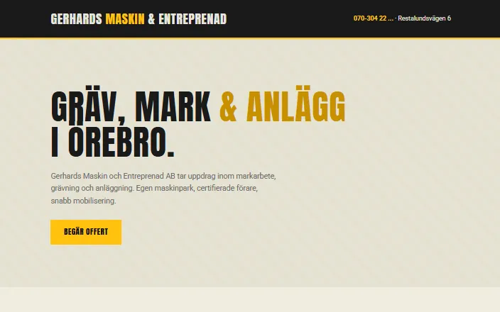Skärmdump av Gerhards Maskin och Entreprenad ABs hemsida