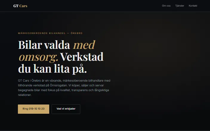 Skärmdump av GT Cars i Örebro ABs hemsida