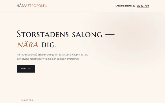 Skärmdump av Hårmetropolens hemsida