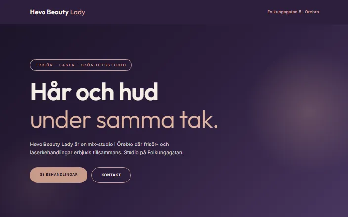 Skärmdump av Hevo Beauty Ladys hemsida