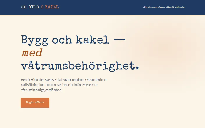 Skärmdump av HH Bygg o Kakels hemsida