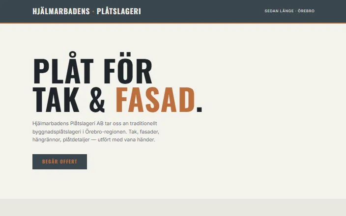 Skärmdump av Hjälmarbadens Plåtslageri ABs hemsida
