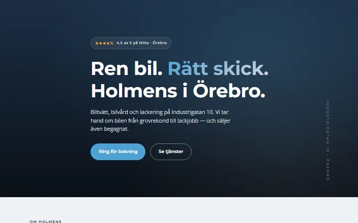 Skärmdump av Holmens Biltvätts hemsida