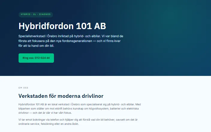 Skärmdump av Hybridfordon 101 ABs hemsida