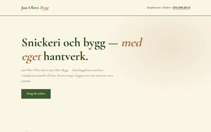 Skärmdump av Jan-Olovs Byggs hemsida