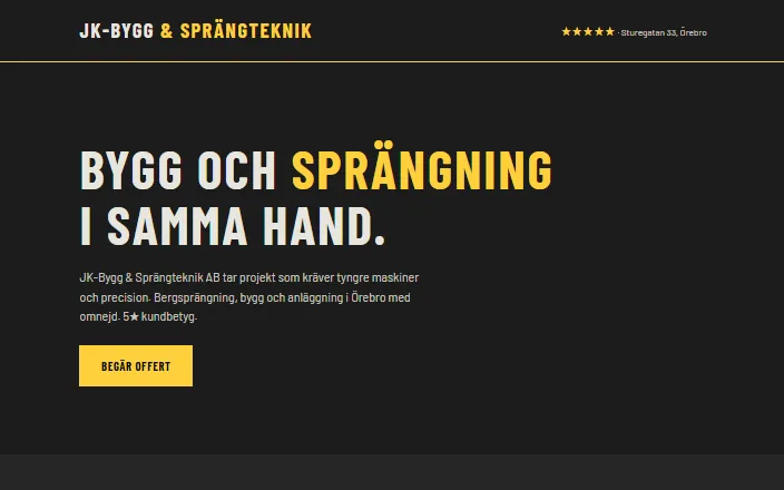Skärmdump av JK-Bygg & Sprängteknik ABs hemsida