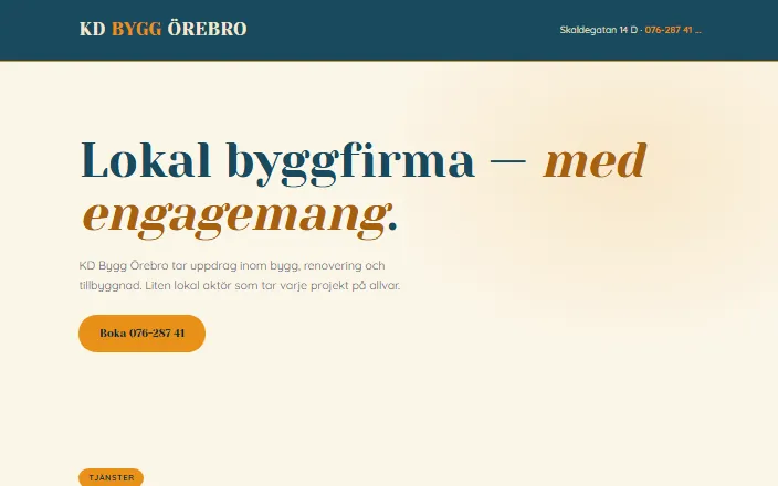 Skärmdump av KD Bygg Örebros hemsida