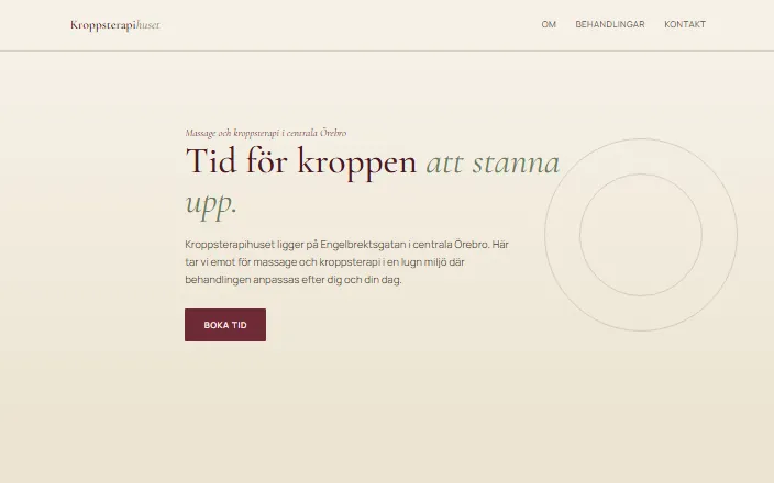 Skärmdump av Kroppsterapihuset Örebros hemsida
