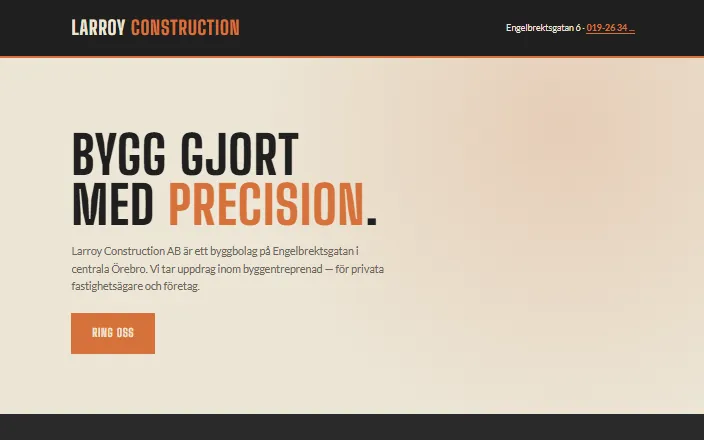 Skärmdump av Larroy Construction ABs hemsida