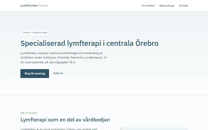 Skärmdump av Lymfkliniken Örebros hemsida