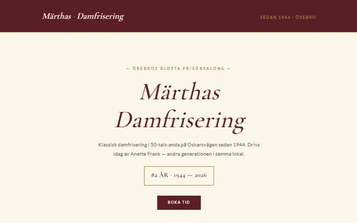 Skärmdump av Märthas Damfriserings hemsida