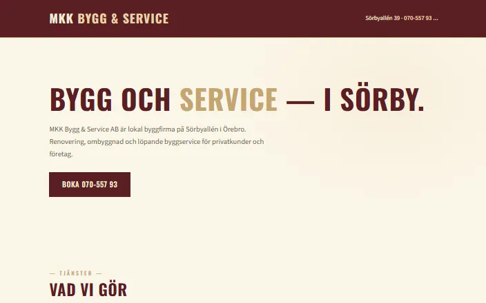 Skärmdump av MKK Bygg & Service ABs hemsida