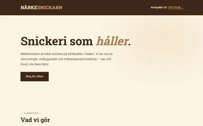 Skärmdump av Närkesnickarns hemsida