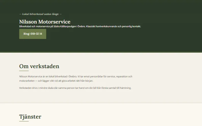 Skärmdump av Nilsson Motorservices hemsida
