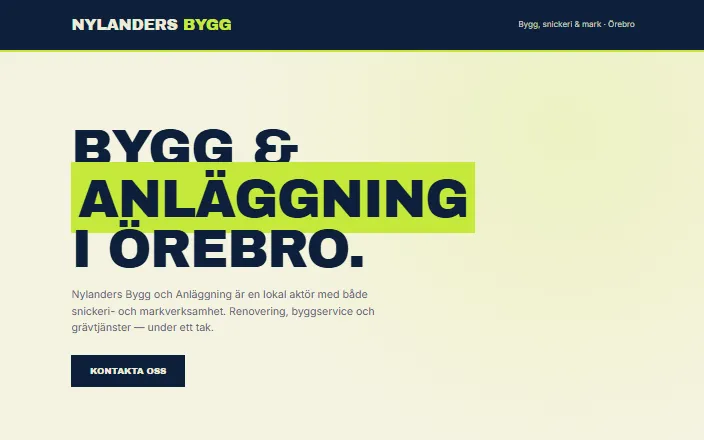 Skärmdump av Nylanders Bygg och Anläggnings hemsida