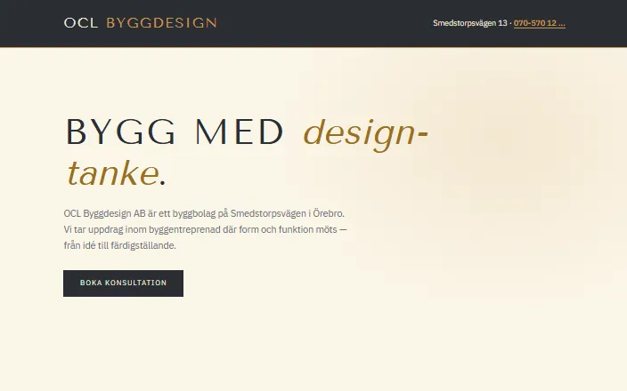 Skärmdump av OCL Byggdesign ABs hemsida
