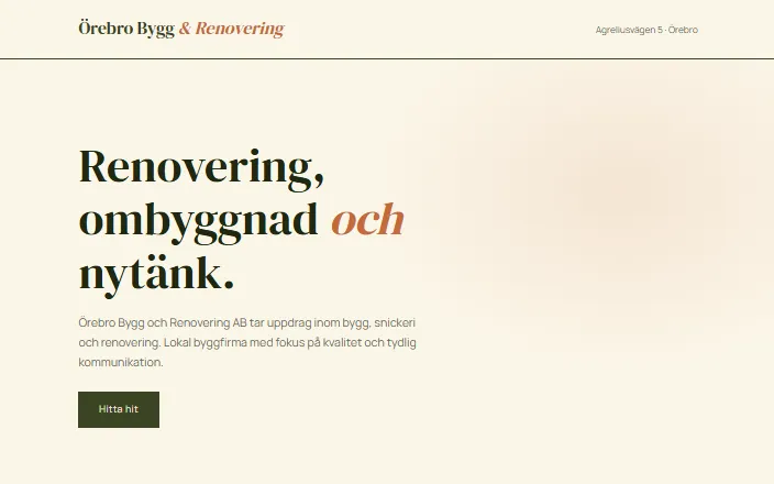 Skärmdump av Örebro Bygg och Renovering ABs hemsida