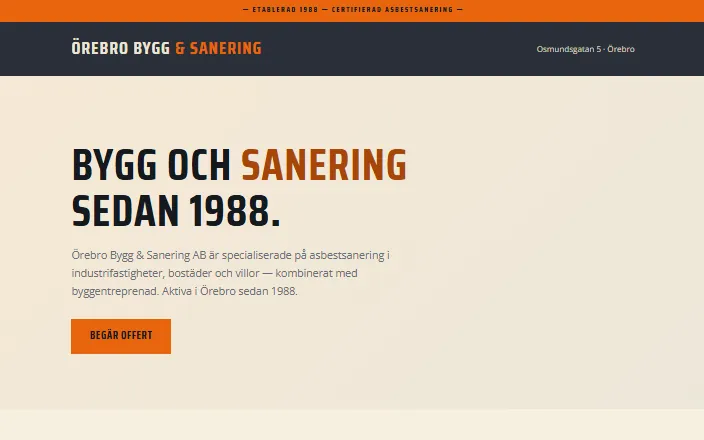 Skärmdump av Örebro Bygg & Sanering ABs hemsida