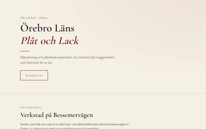 Skärmdump av Örebro Läns Plåt och Lacks hemsida