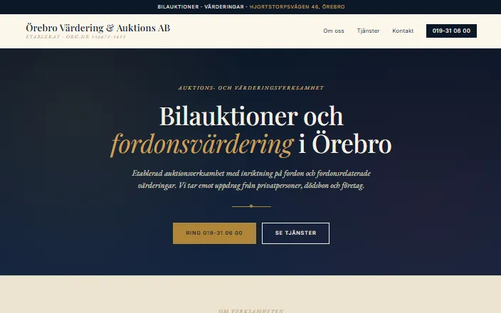 Skärmdump av Örebro Värdering & Auktions ABs hemsida