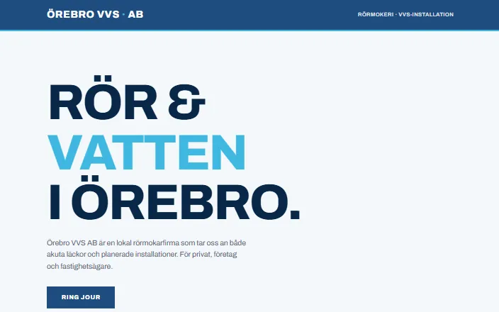 Skärmdump av Örebro VVS ABs hemsida