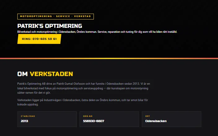 Skärmdump av Patrik's Optimering ABs hemsida