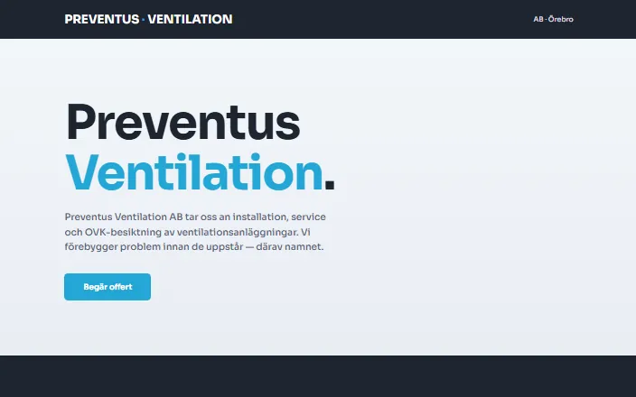 Skärmdump av Preventus Ventilation ABs hemsida