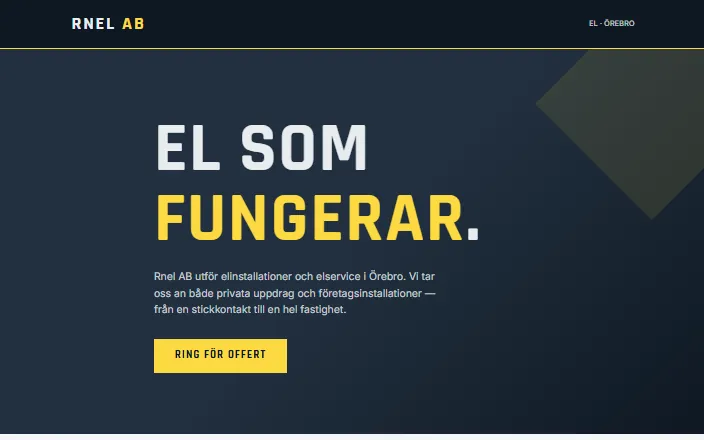 Skärmdump av Rnel ABs hemsida