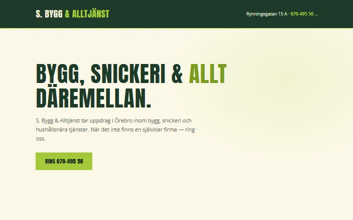 Skärmdump av S. Bygg & Alltjänsts hemsida