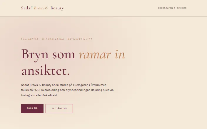 Skärmdump av Sadaf Brows & Beautys hemsida