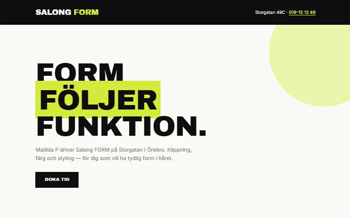 Skärmdump av Salong FORMs hemsida