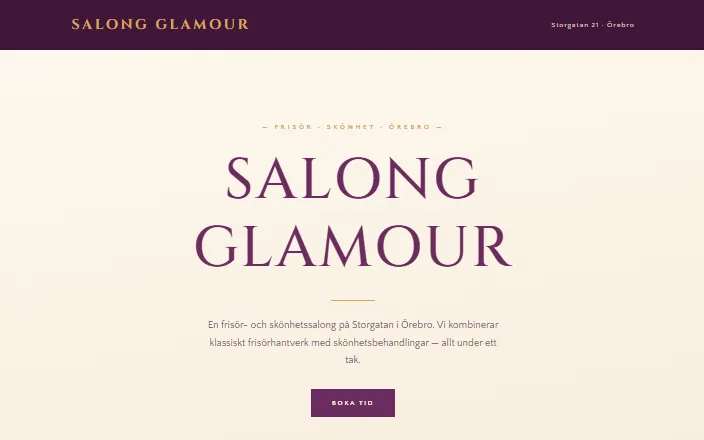 Skärmdump av Salong Glamours hemsida