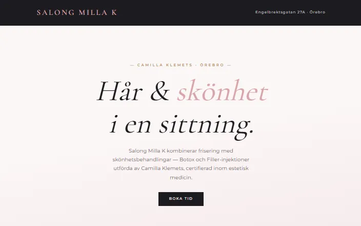 Skärmdump av Salong Milla Ks hemsida