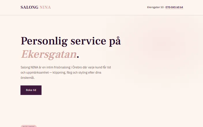 Skärmdump av Salong NINAs hemsida