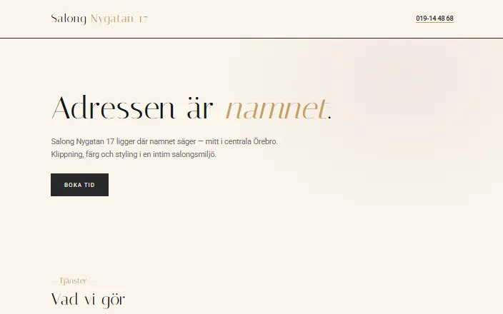 Skärmdump av Salong Nygatan 17s hemsida
