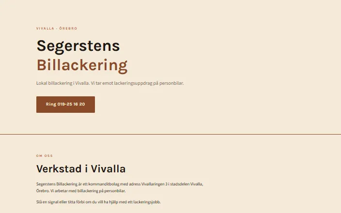 Skärmdump av Segerstens Billackering KBs hemsida