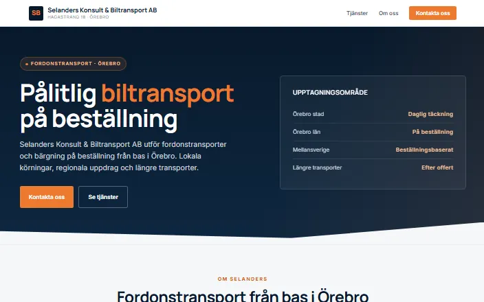 Skärmdump av Selanders Konsult & Biltransport ABs hemsida