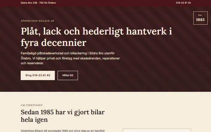 Skärmdump av Söderlings Billack ABs hemsida