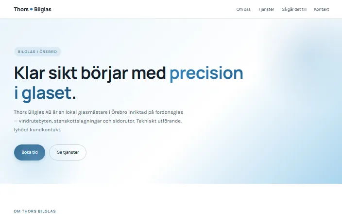 Skärmdump av Thors Bilglas ABs hemsida