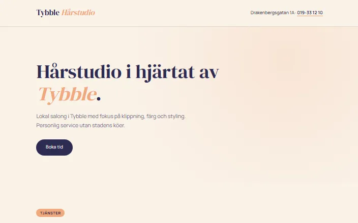 Skärmdump av Tybble Hårstudios hemsida