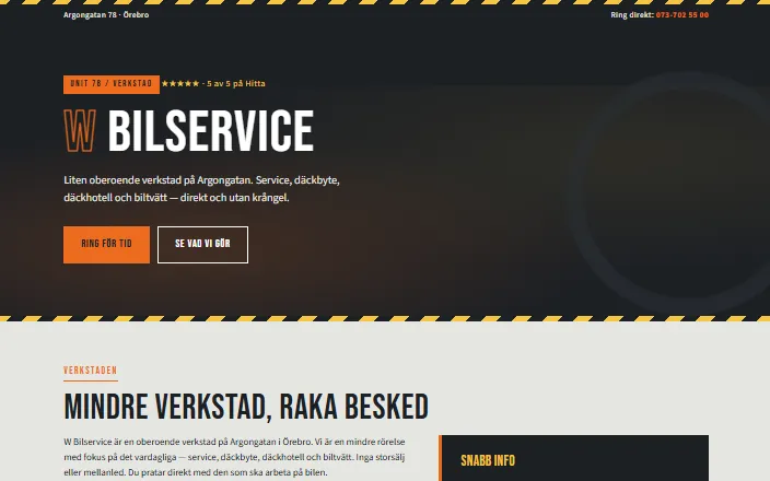 Skärmdump av W Bilservices hemsida
